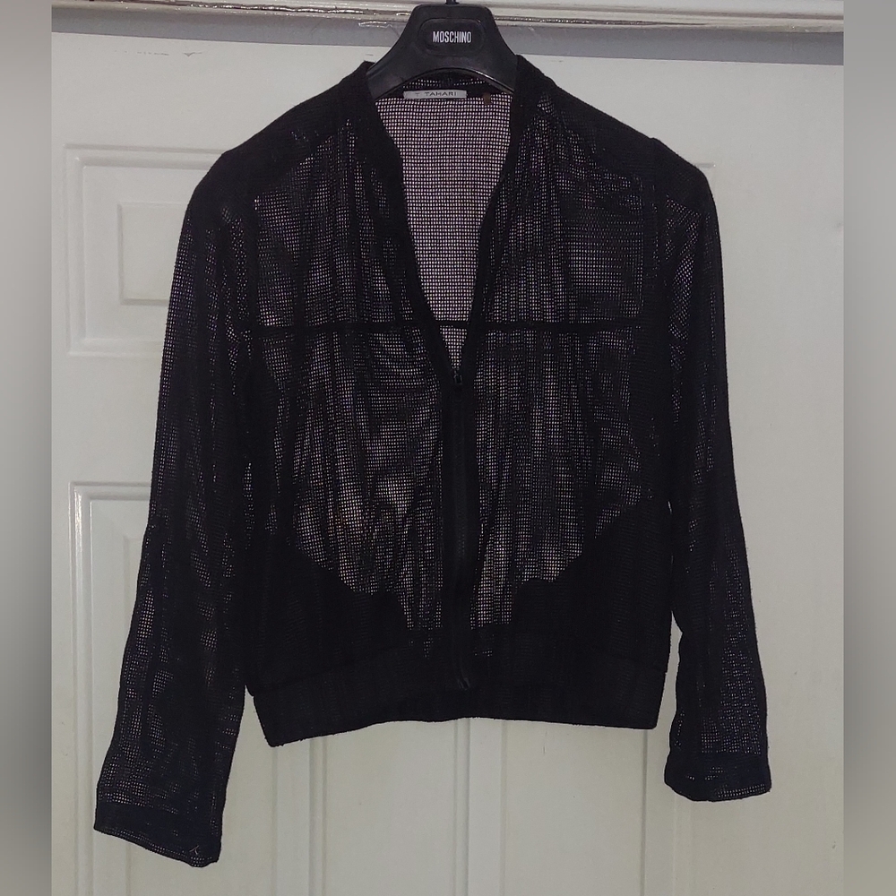 T TAHARI WOMEN'S BLACK POLYESTER SHEER MESH ROLLUP ZIP-UP BOMBER JACKET SIZE M